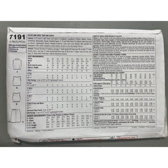 Simplicity 7191 Sewing Pattern Sizes K5 7-14 Childs And Girls Tops Skirts UNCUT - Picture 3 of 6